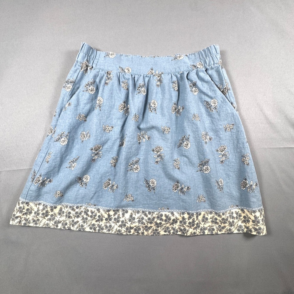 LOFT Outlet Blue Floral Linen Blend A-Line Skirt Pockets M Cottagecore Coastal